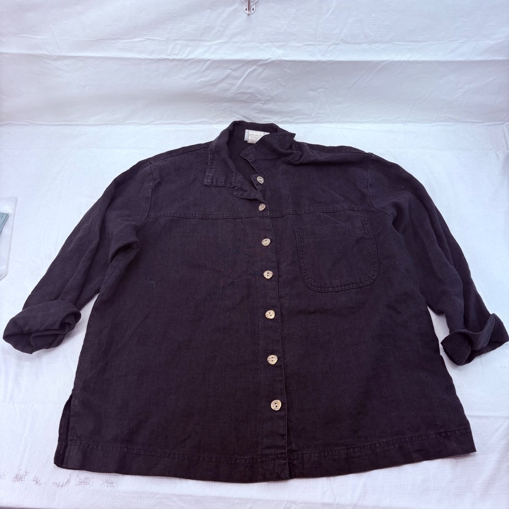 Vintage Studio Ease Black 100% Linen Button Down Shirt Made in USA Womens 14